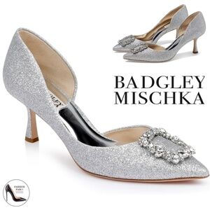 Badgley Mischka Fabia II Kitten Heels Crystal Buckle Pointed Toe Silver Shoes 7